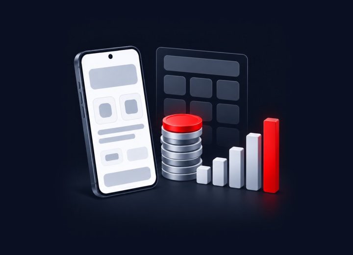 Smartphone with a stack of coins and a growing bar chart illustrating mobile app cost