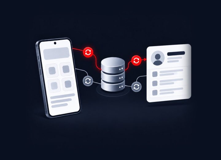 Smartphone connected to a database and customer record card illustrating a mobile app and CRM