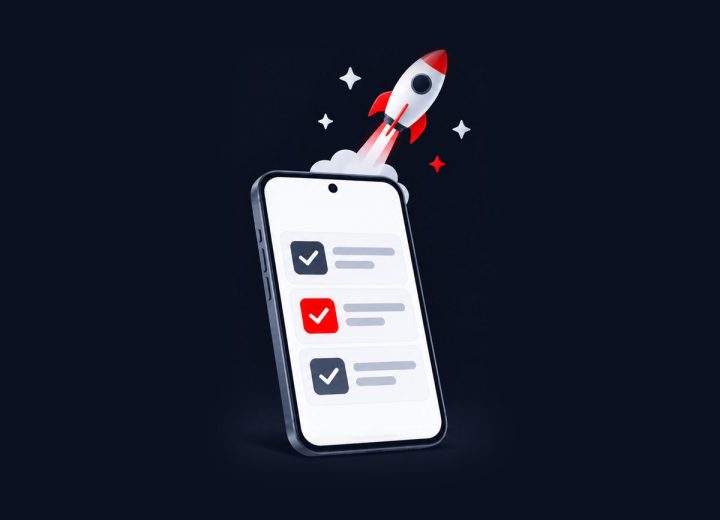 Smartphone with a checklist and a rocket illustrating an app store launch checklist