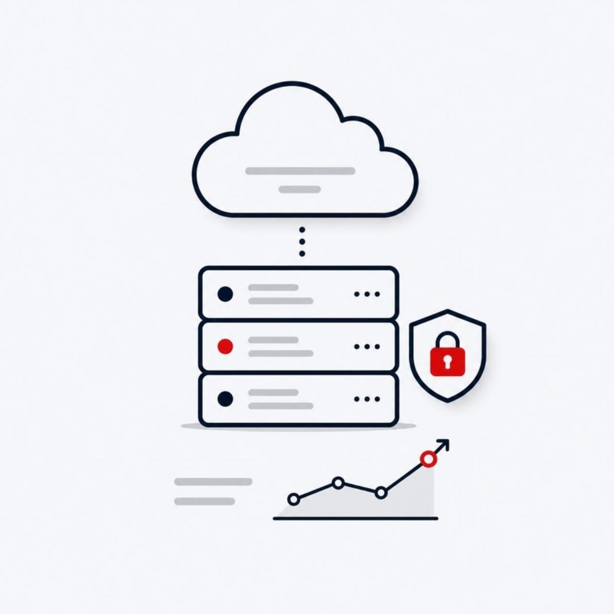 Illustration of cloud hosting with a server stack, security shield and uptime graph
