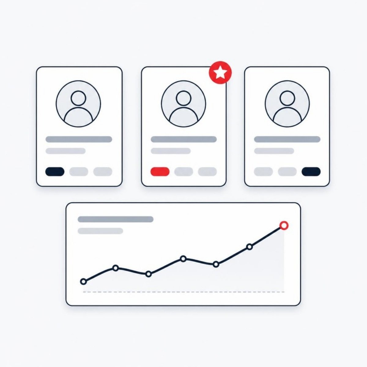 Illustration of player profile cards with a VIP star and a retention chart for a casino CRM