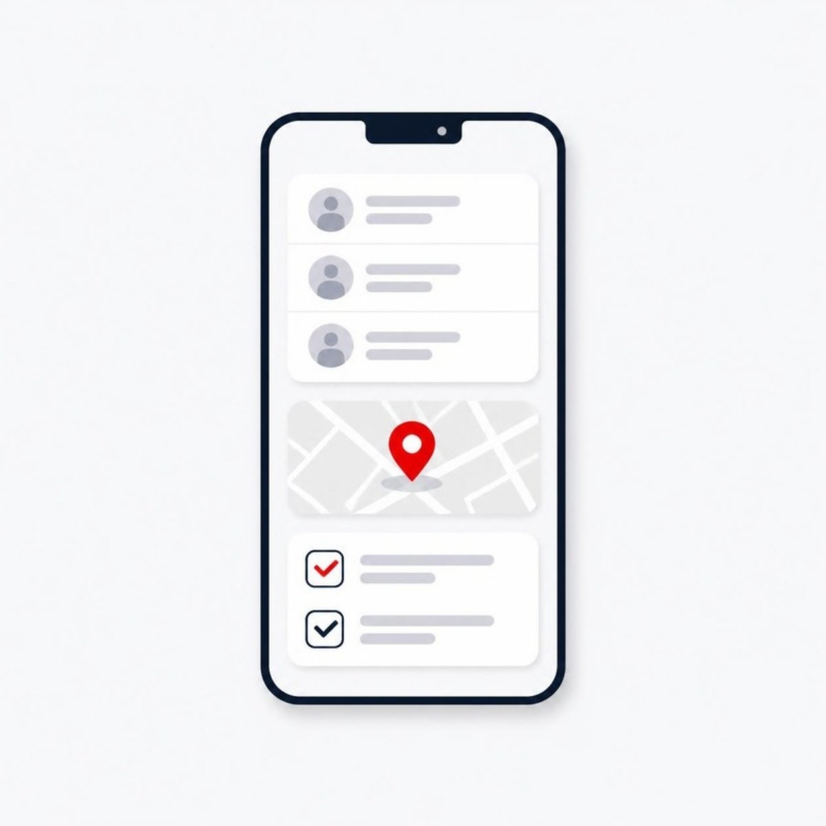Illustration of a smartphone showing an account list, map pin and checklist for a mobile CRM app