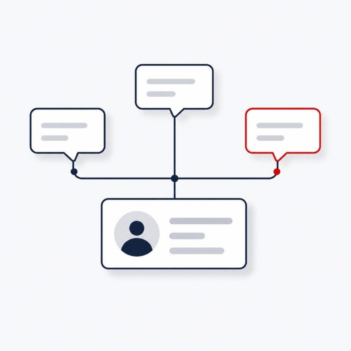 Illustration of chat bubbles connected to a customer record card for WhatsApp in a CRM